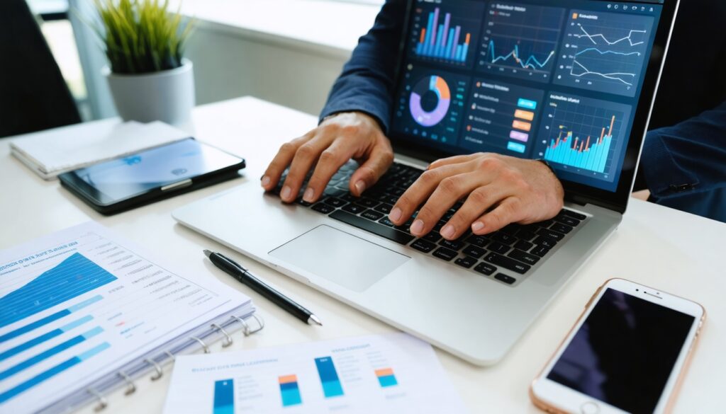 Handen van een Nederlandse administrateur die financiële software op een laptop gebruikt met grafieken en cijfers