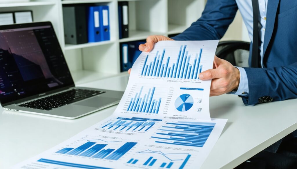 Nederlandse financieel specialist die een geprinte financiële rapportage met grafieken en tabellen doorneemt