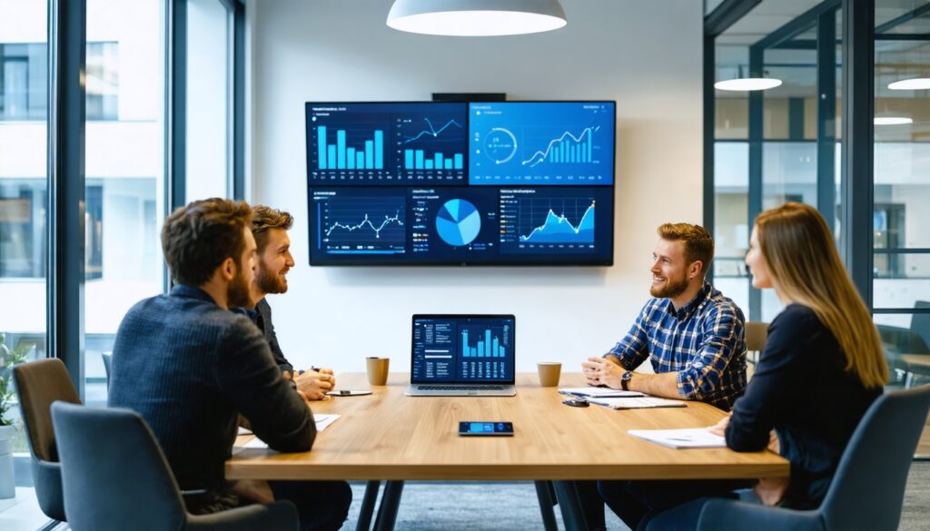 Klein Nederlands financieel team in overleg rond een tafel met laptops en financiële rapportages