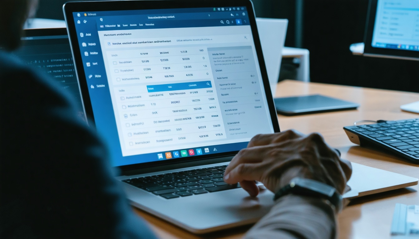 Close-up van een Nederlands administrateur die digitale facturen en bankmutaties boekt op een laptop